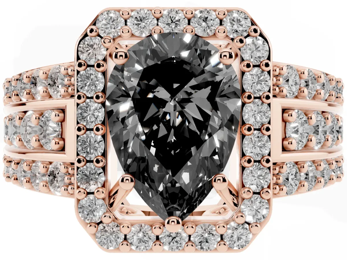 Fancy Black Pear Cut Halo Diamond Ring with Round Split Shank and Prong Setting Rose gold