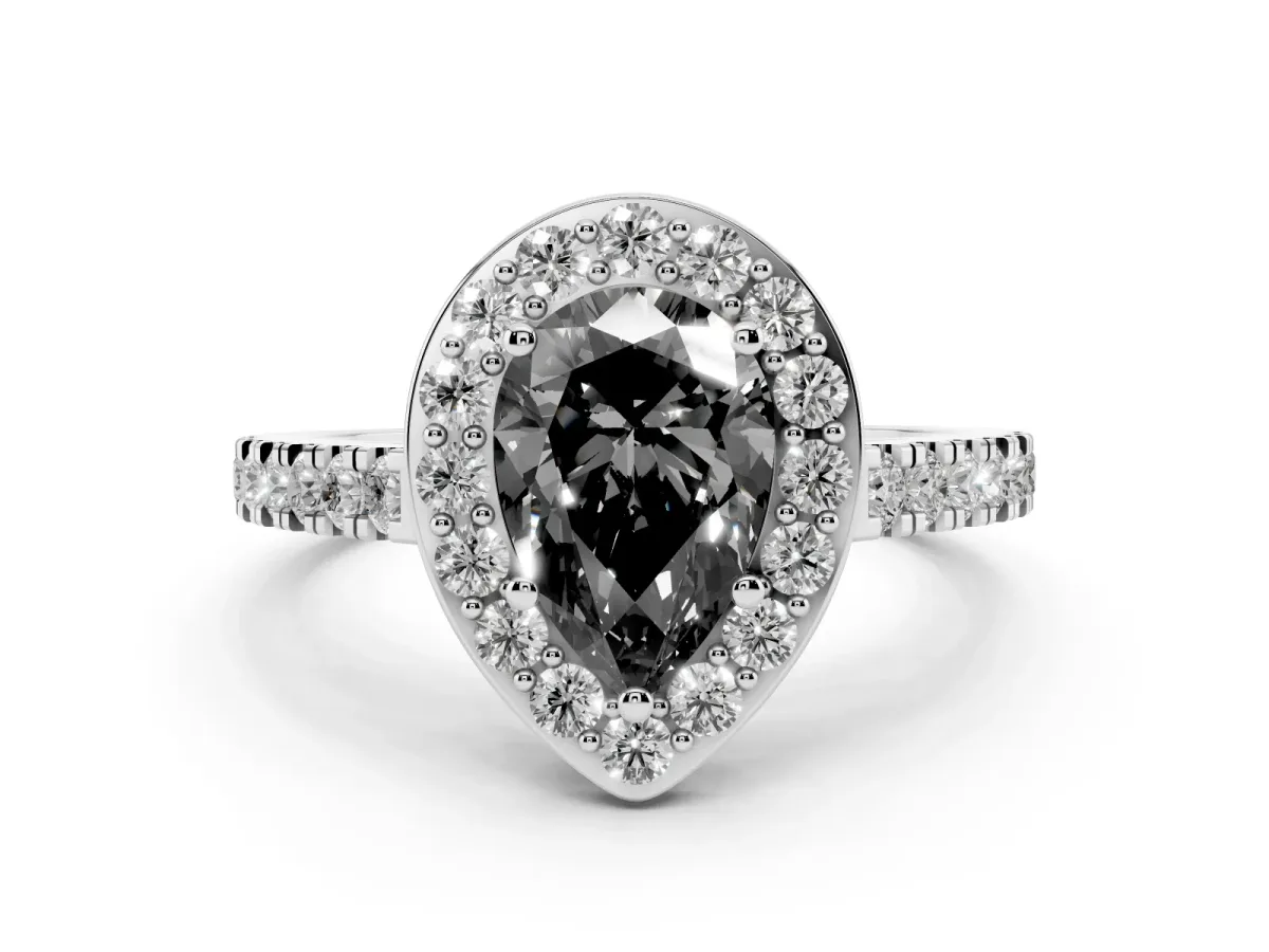 Fancy Black Pear Cut Diamond Halo Ring with Round Pavé Split Shank and Prong Setting Platinum