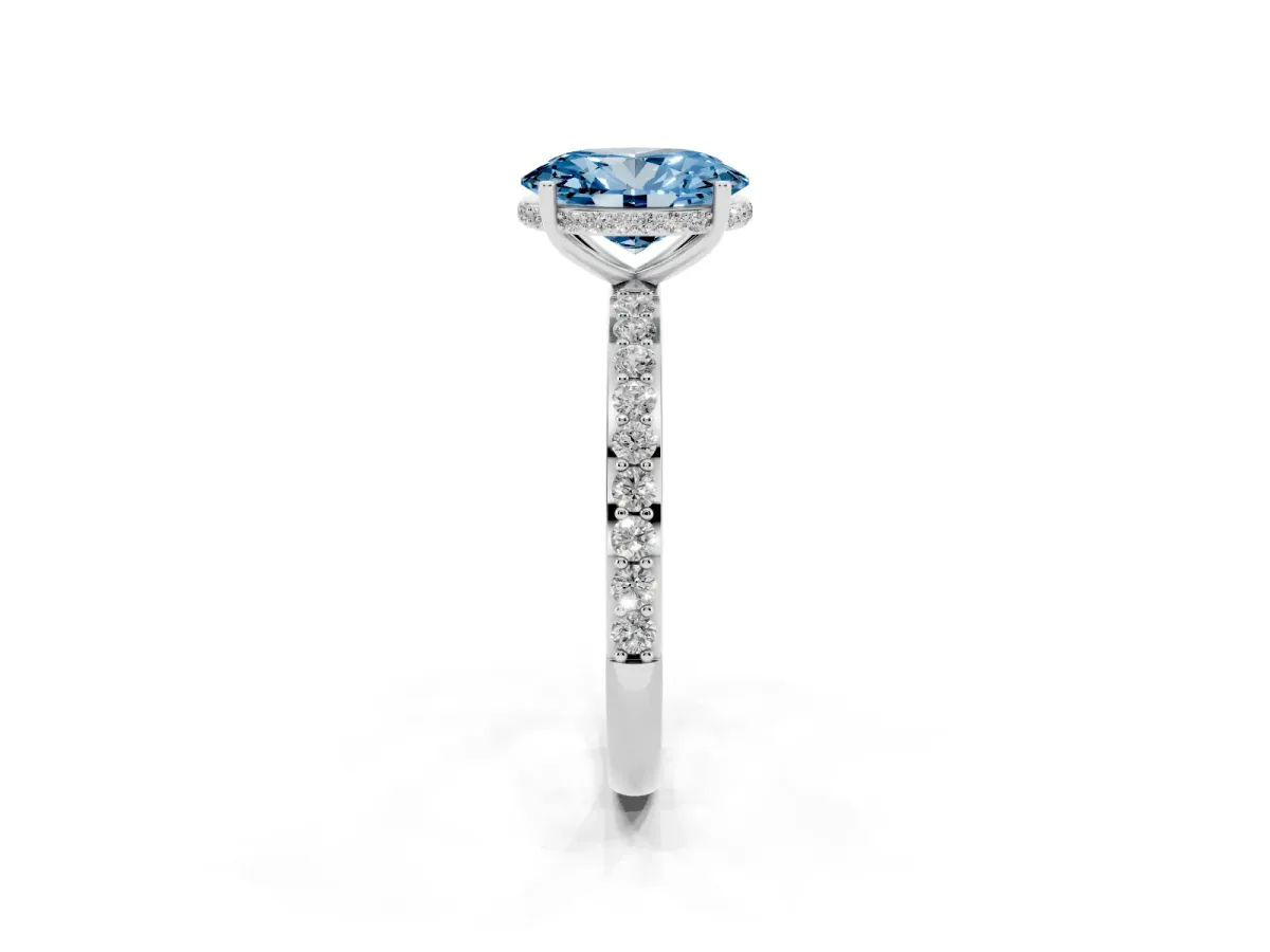 Fancy Blue Oval Cut Diamond Solitaire Ring with Pavé Band and Hidden Halo Silver