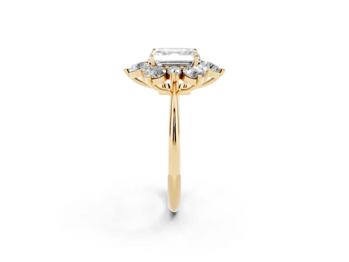 Asscher Cut Diamond Cluster Halo Ring with Solitaire Band and Four-Prong Setting Yellow gold
