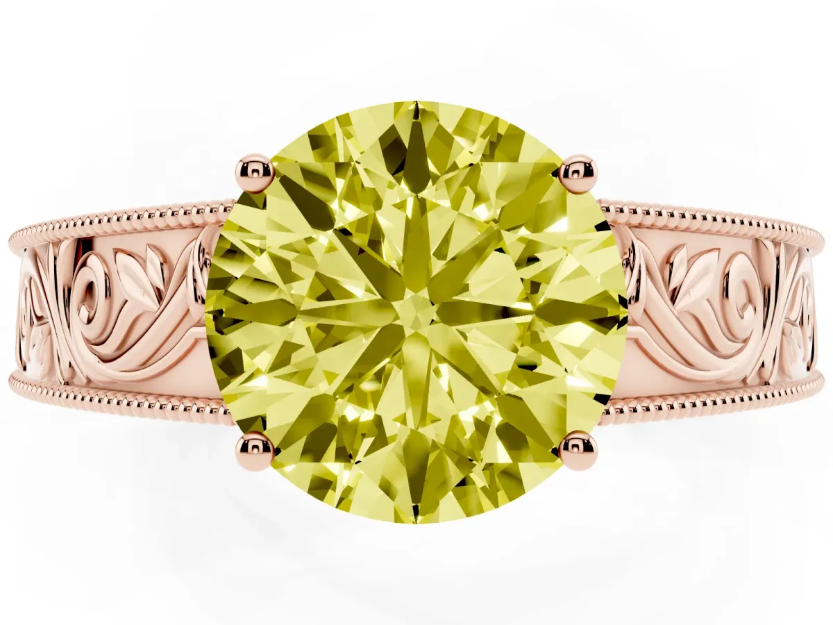 Fancy Yellow Round Cut Diamond Solitaire Ring with Engraved Band and Four-Prong Setting Rose gold