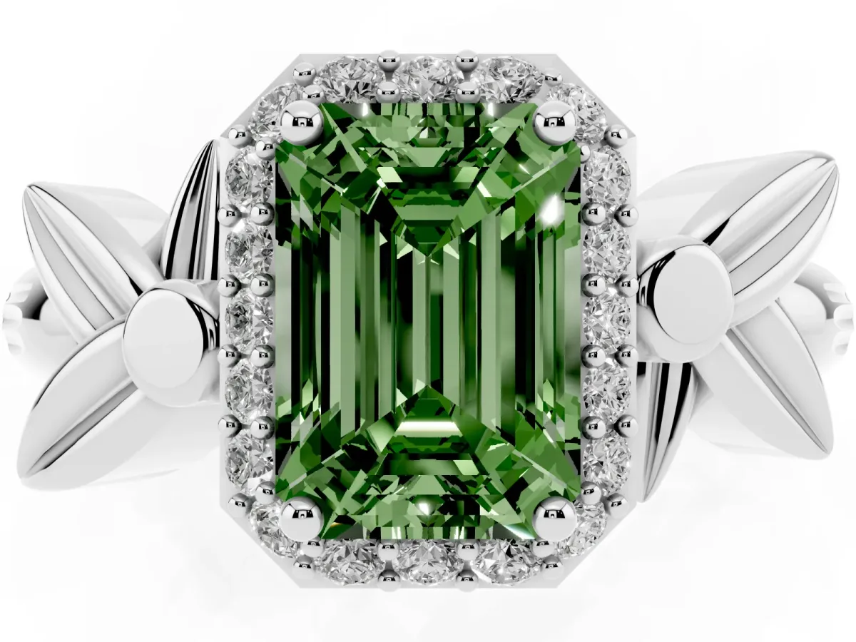 Fancy Green Emerald Cut Halo Diamond Floral Band with Four-Prong Setting Platinum