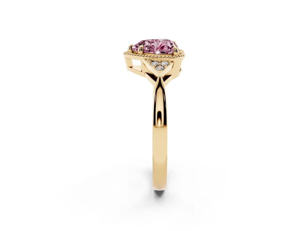 Fancy Pink Hexagonal Halo Heart Cut Diamond Solitaire with Pavé Band and Four-Prong Setting Yellow gold