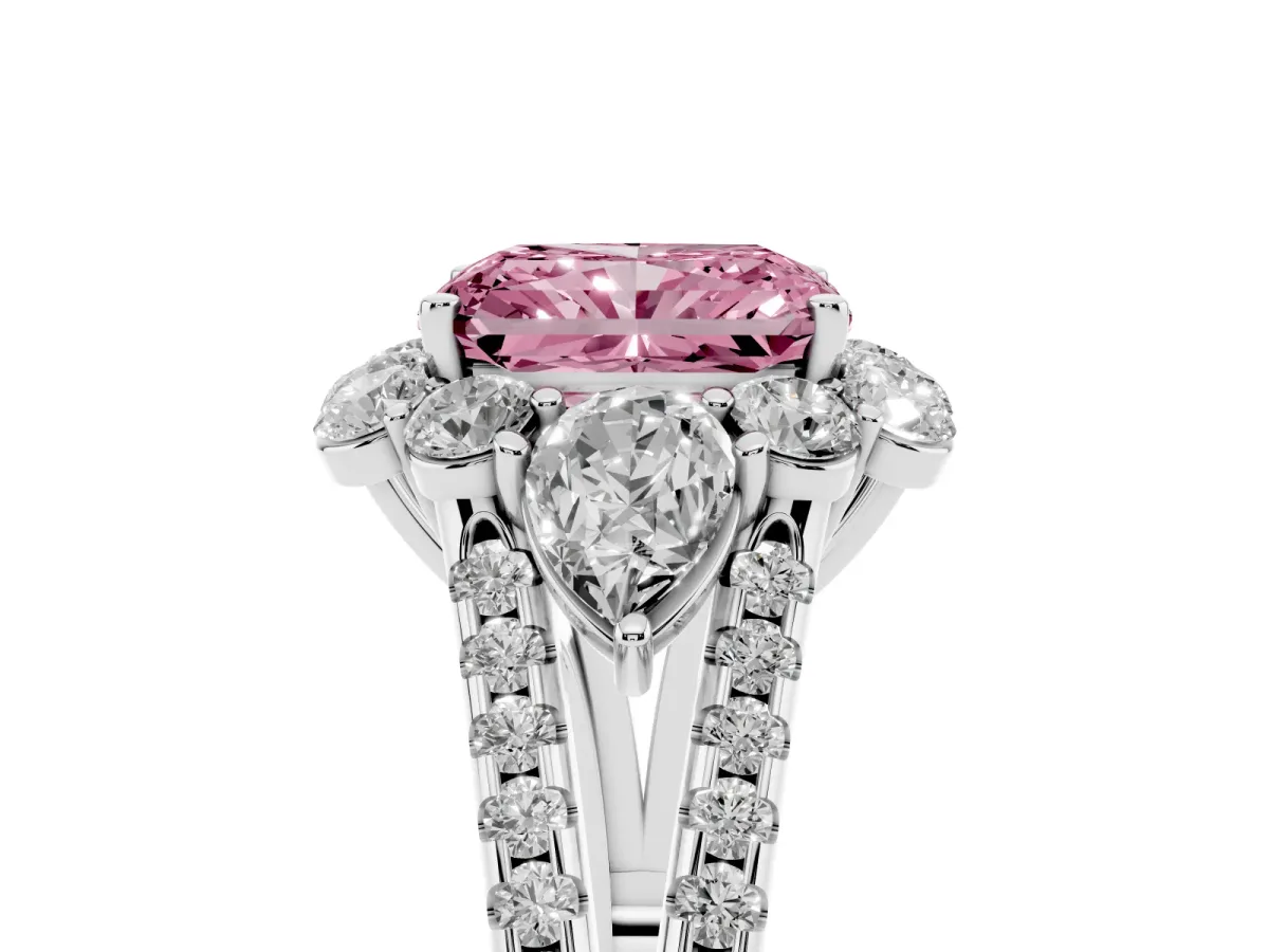 Fancy Pink Radiant Cut Halo Split Shank Diamond Engagement Ring with Prong Setting Silver