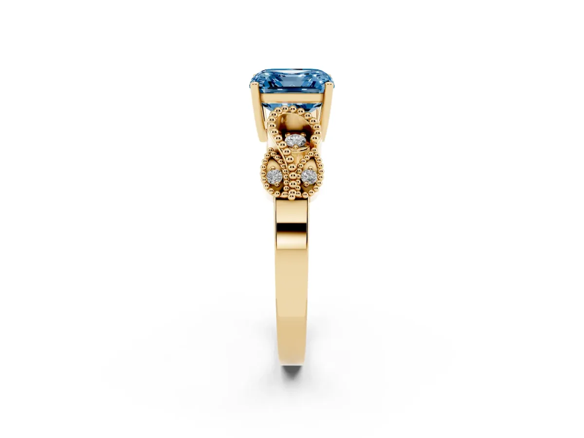 Fancy Blue Asscher Cut Solitaire Milgrain Leaf Band with Prong Setting Yellow gold