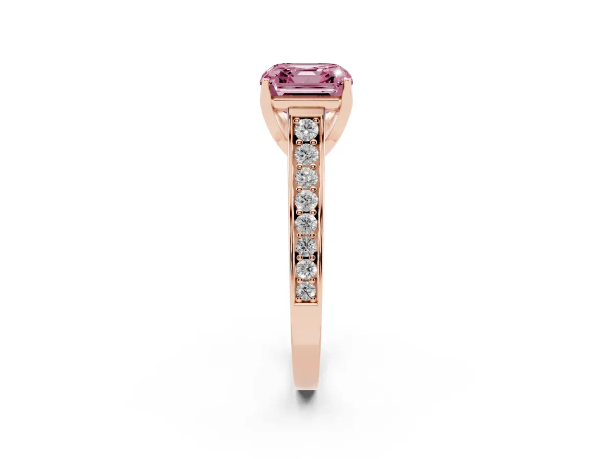 Fancy Pink Asscher Cut Brilliant Cut Diamond Engagement Ring with Pavé Band and Four-Prong Setting Rose gold