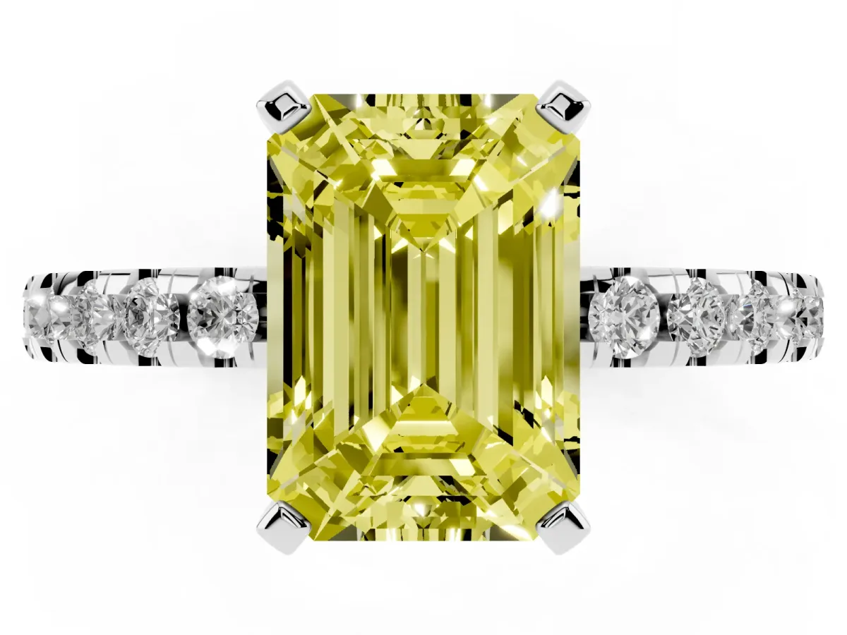 Fancy Yellow Emerald Cut Diamond Solitaire Ring with Round Pavé Band and Four-Prong Setting Silver