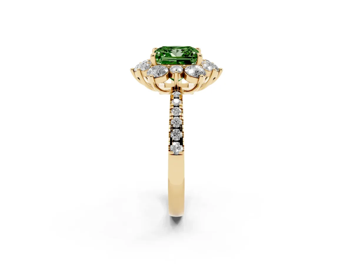 Fancy Green Princess Cut Diamond Floral Halo Ring with Round Pavé Band and Prong Setting Yellow gold