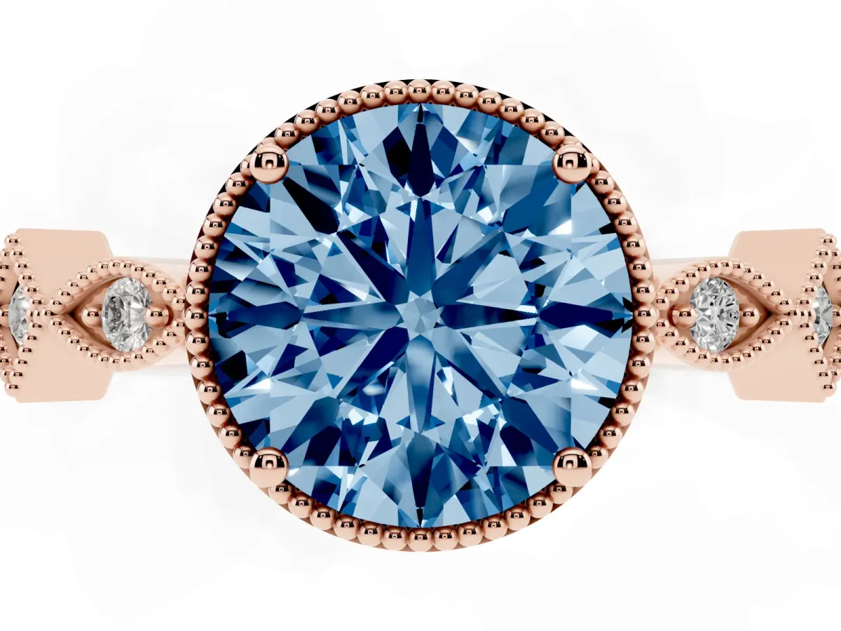 Fancy Blue Round Cut Milgrain Marquise Diamond Twist Band Ring Rose gold