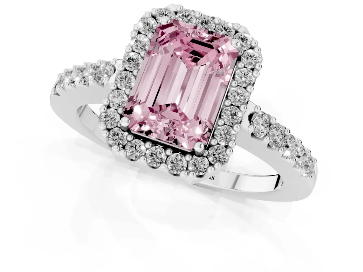Fancy Pink Emerald Cut Halo Diamond Pavé Solitaire Ring Platinum