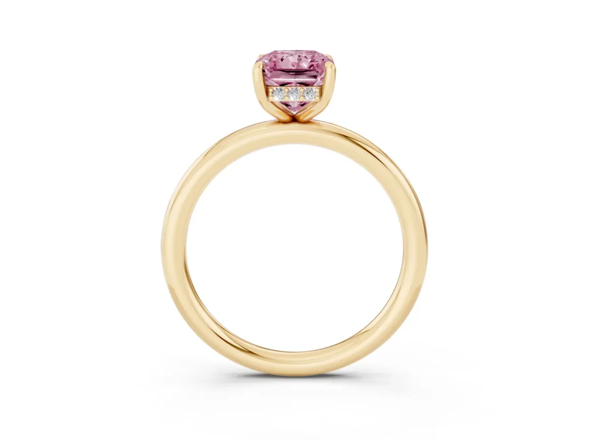 Fancy Pink Radiant Cut Diamond Solitaire Ring with Thin Band and Four-Prong Setting Yellow gold