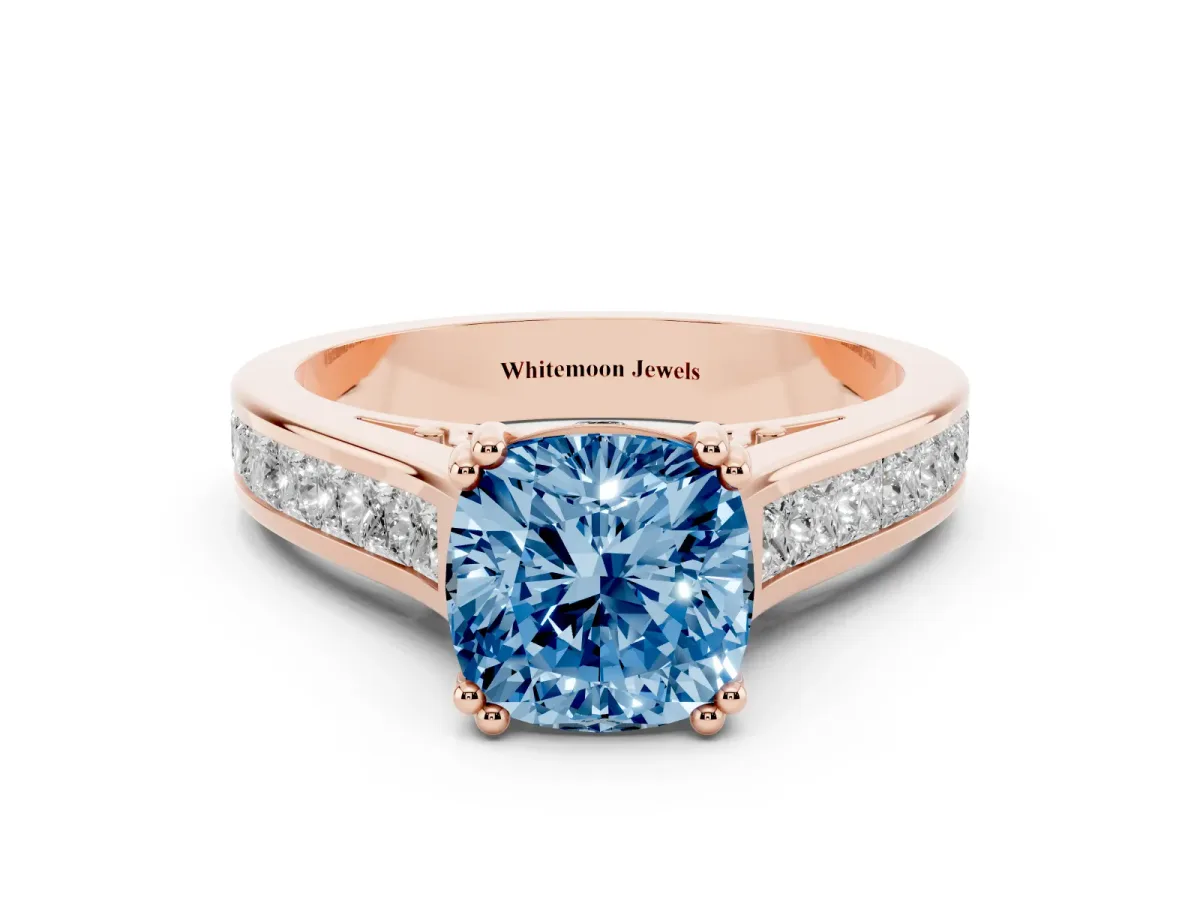 Fancy Blue Cushion Cut Cut Channel Set Solitaire Engagement Ring with Prong Setting Rose gold