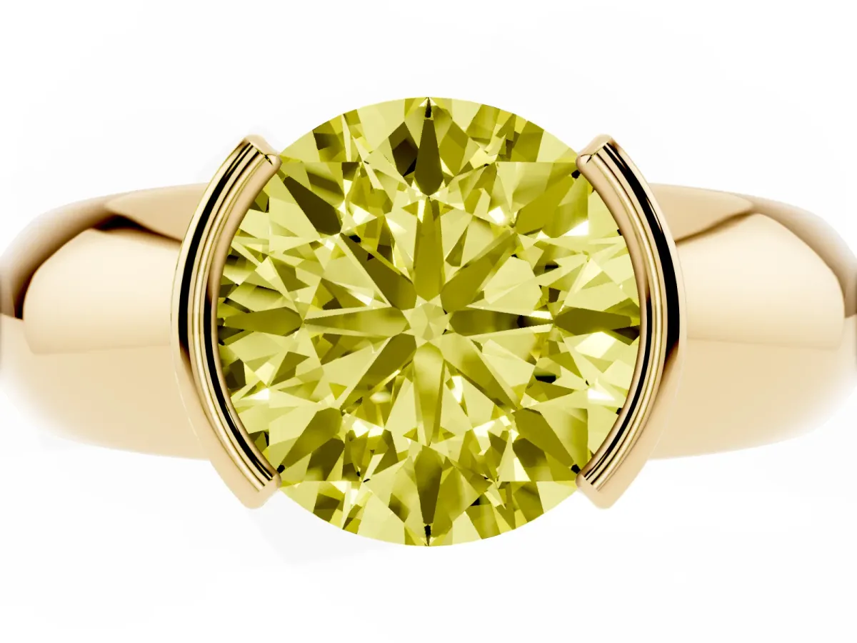 Fancy Yellow Round Cut Solitaire Tension Set Diamond Ring with Wide Band Yellow gold