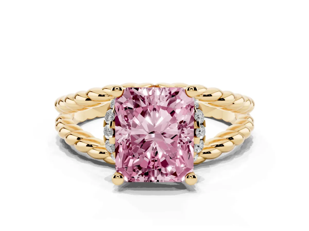 Fancy Pink Radiant Cut Halo Twisted Band Four-Prong Ring Yellow gold