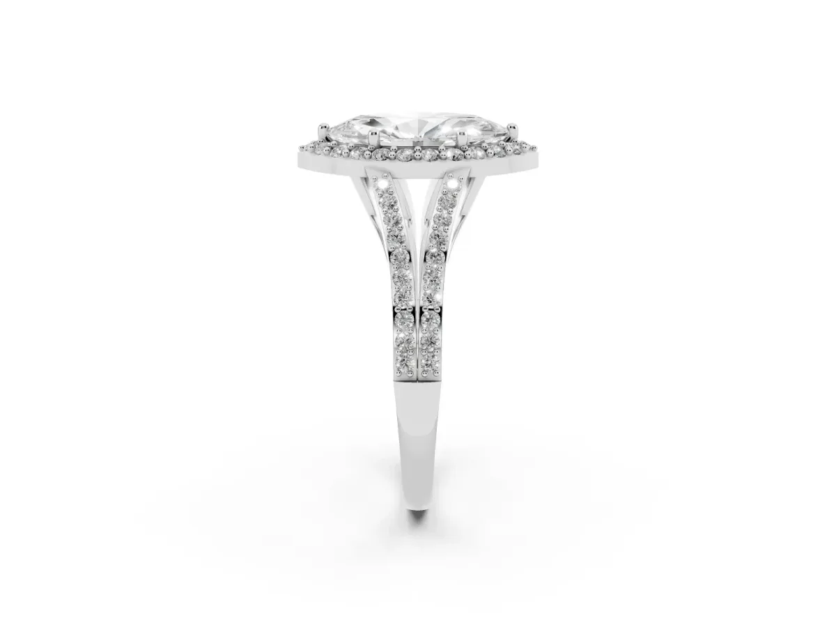 Marquise Cut Halo Split Shank Pave Diamond Ring with Four-Prong Setting Silver
