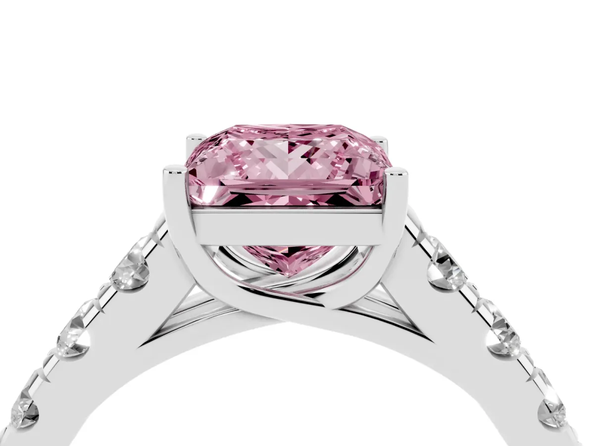 Fancy Pink Princess Cut Cut Diamond Solitaire Ring with Micro Pave Band and Prong Setting Silver