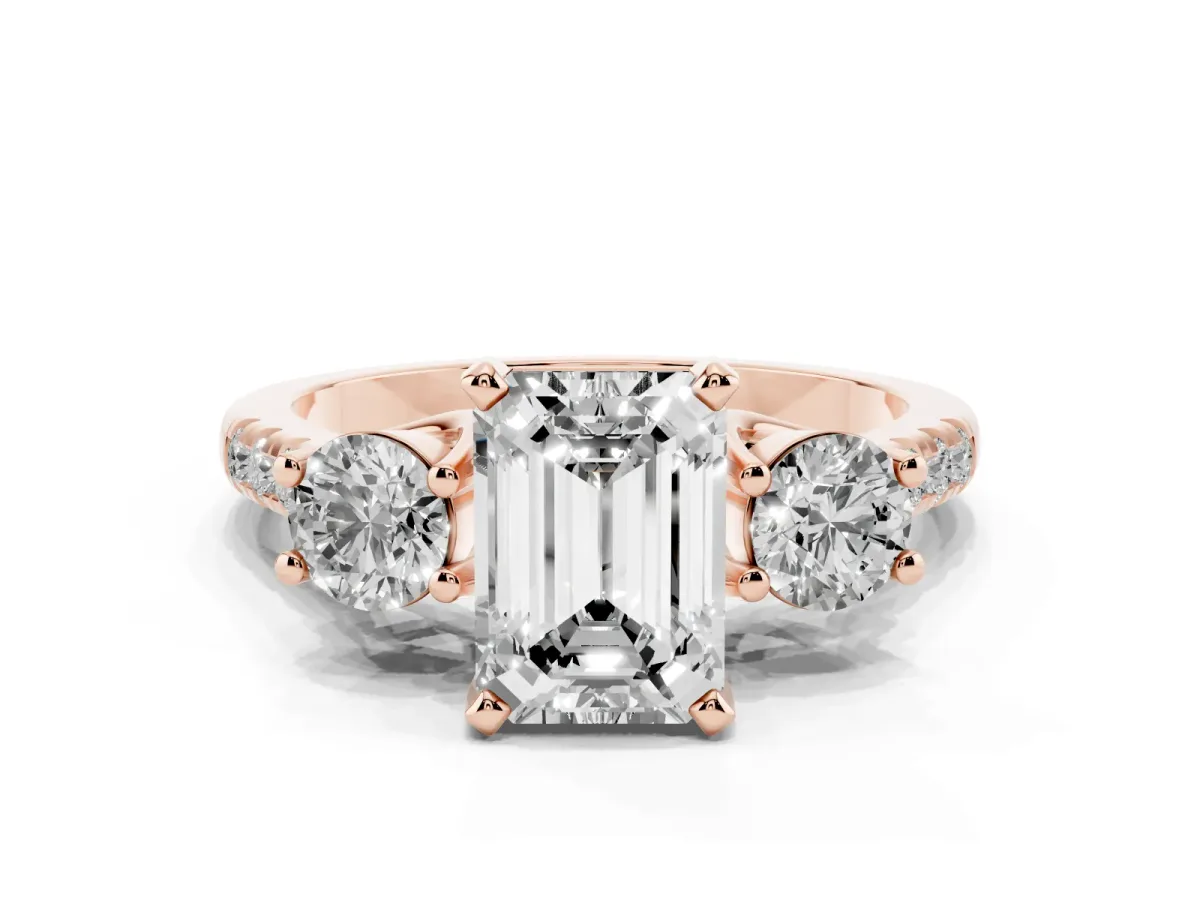 Three-Stone Emerald Cut Diamond Pavé Band with Four-Prong Setting Rose gold
