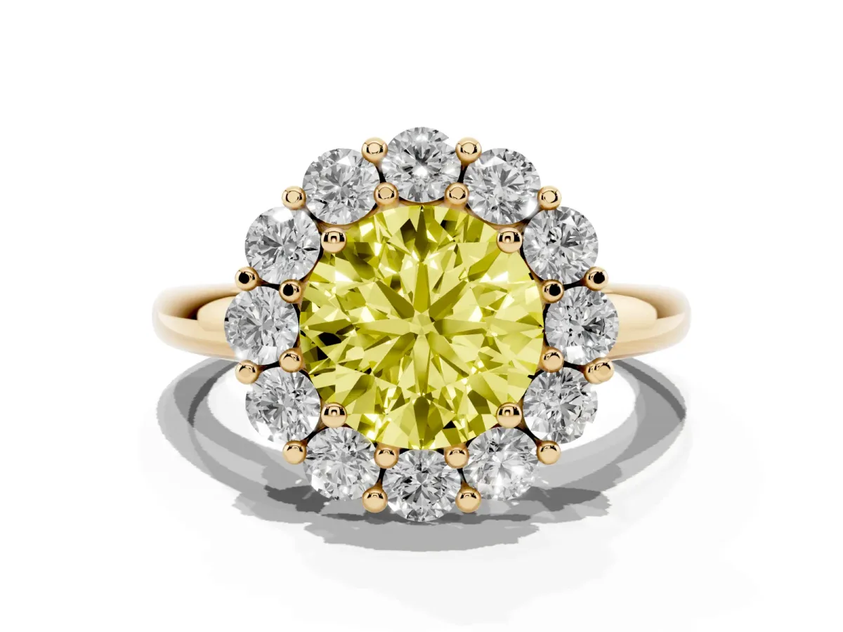 Fancy Yellow Round Cut Halo Cluster Diamond Engagement Ring with Prong Setting and Polished Band Yellow gold