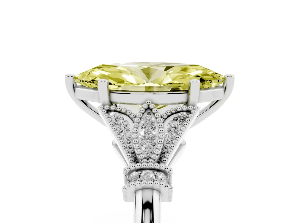 Fancy Yellow Marquise Cut Diamond Solitaire Ring with Floral Filigree and Pave Accents Platinum