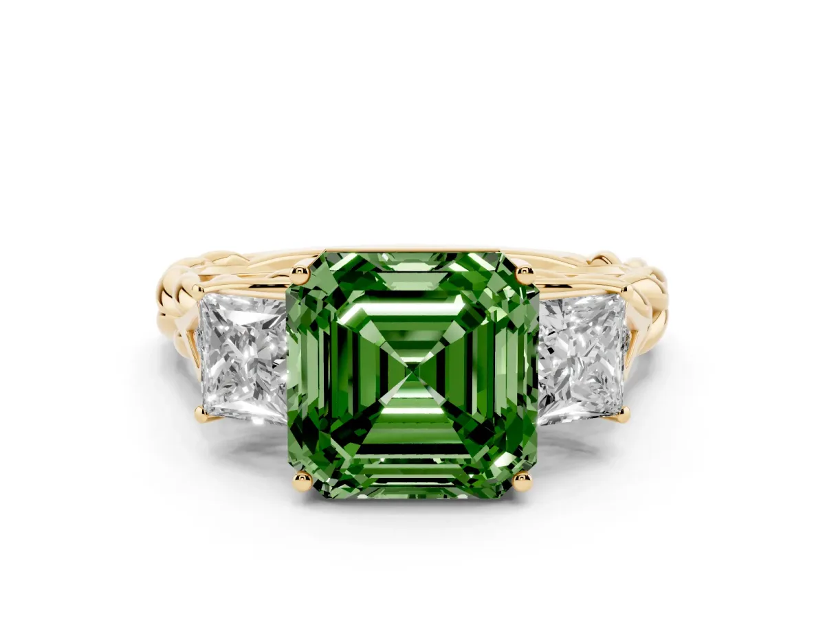 Fancy Green Three-Stone Asscher Cut Diamond Braided Band Ring with Four-Prong Setting Yellow gold