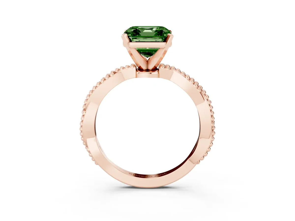Fancy Green Asscher Cut Solitaire Twisted Band with Bead Prong Setting Rose gold