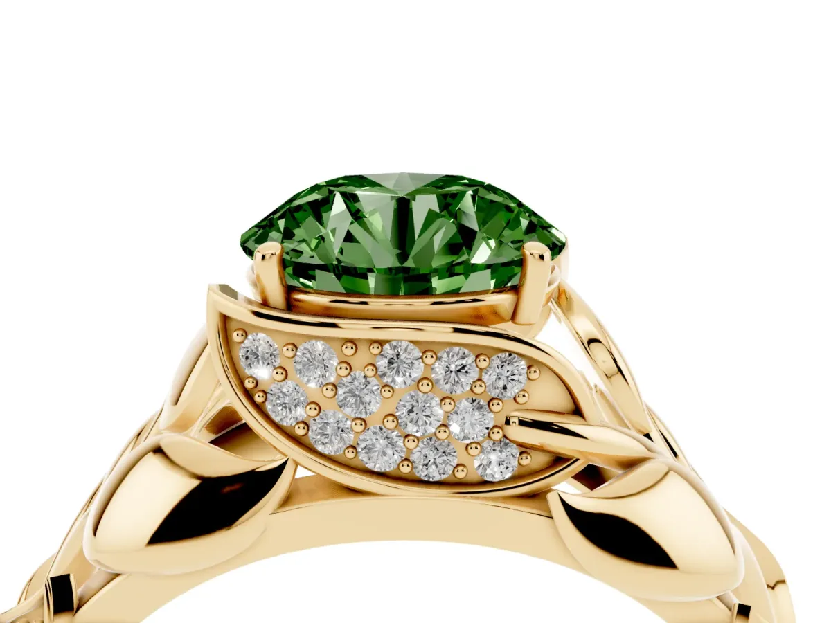 Fancy Green Round Cut Diamond Leaf-Inspired Engagement Ring with Round Accents and Prong Setting Yellow gold