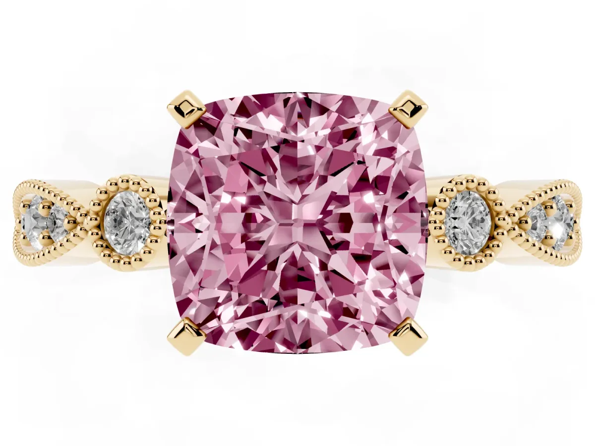 Fancy Pink Cushion Cut Milgrain Bezel Diamond Engagement Ring with Solitaire Prong Setting Yellow gold