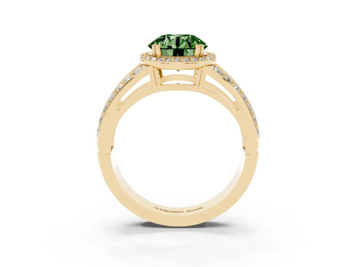 Fancy Green Round Cut Diamond Halo Ring with Split Shank Pavé Band and Four-Prong Setting Yellow gold