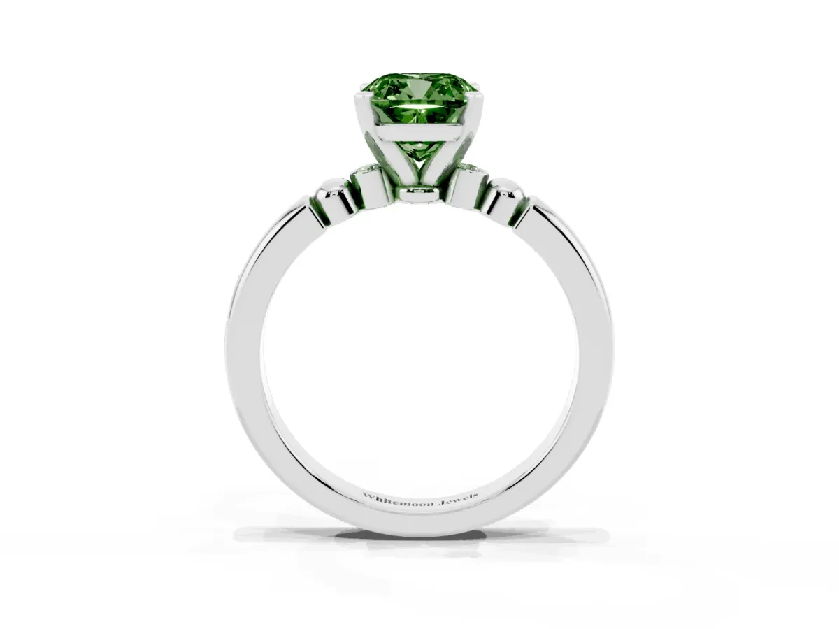 Fancy Green Cushion Cut Solitaire Beaded Band with Four-Prong Setting Silver