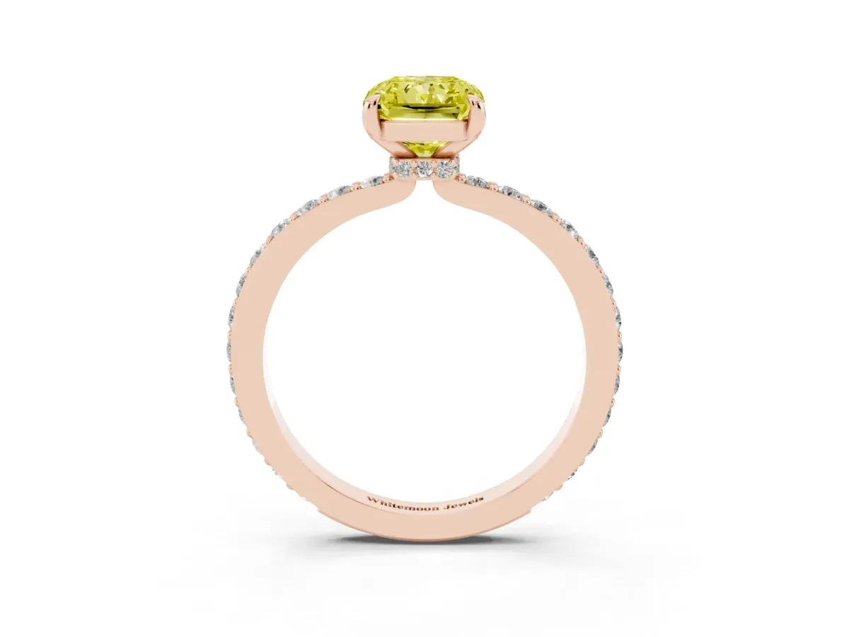 Fancy Yellow Radiant Cut Diamond Pavé Engagement Ring with Round Accents and Prong Setting Rose gold