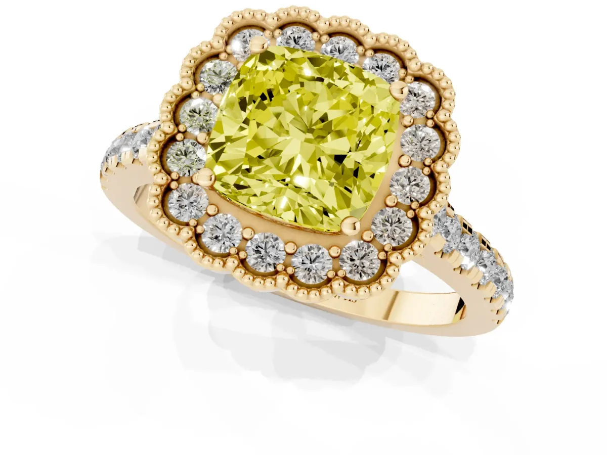 Fancy Yellow Cushion Cut Cut Diamond Milgrain Floral Halo Engagement Ring with Pavé Band Yellow gold