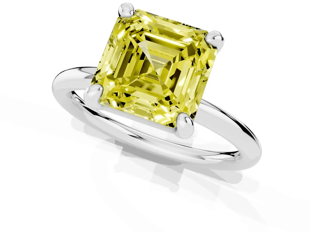 Fancy Yellow Asscher Cut Solitaire Diamond Ring with Four-Prong Setting on a Plain Band Platinum
