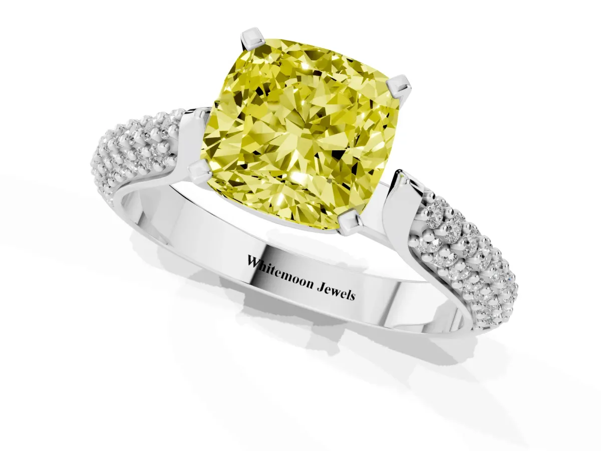 Fancy Yellow Cushion Cut Diamond Solitaire Engagement Ring with Multi-Row Round Pavé Band and Prong Setting Silver