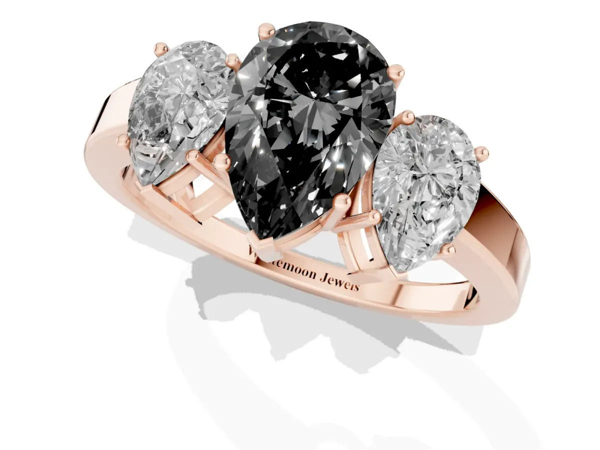 Fancy Black Three-Stone Pear Cut Cut Diamond Engagement Ring with Flat Band and Four-Prong Setting Rose gold