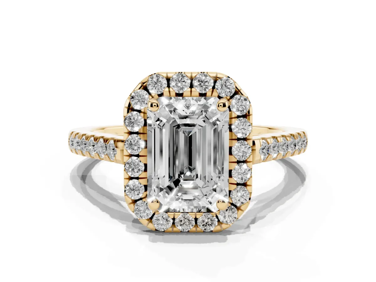 Emerald Cut Halo Pavé Diamond Engagement Ring with Four-Prong Setting Yellow gold