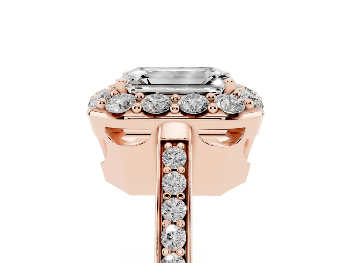 Emerald Cut Diamond Floral Halo Ring with Pavé Band and Prong Setting Rose gold
