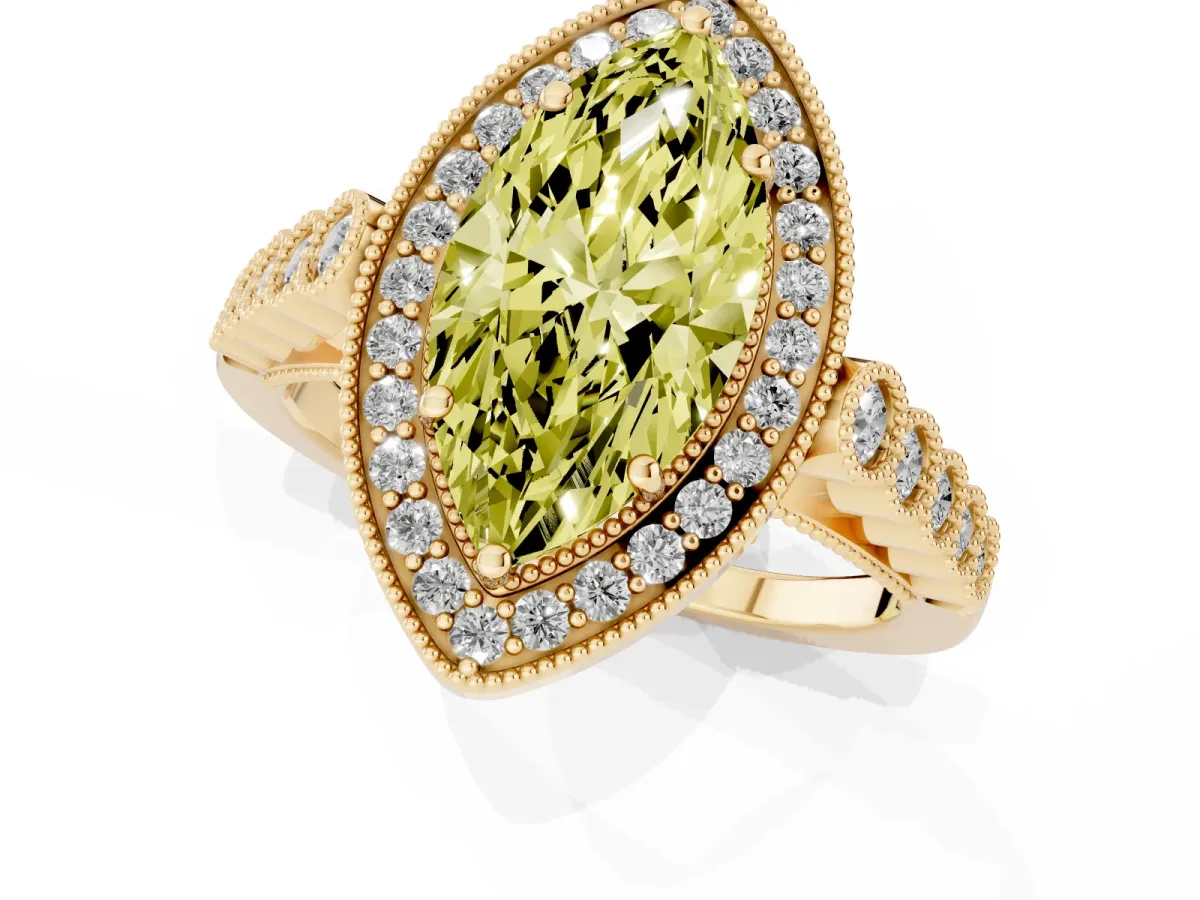 Fancy Yellow Marquise Cut Halo Milgrain Solitaire with Bezel Set Side Stones and Pave Band Yellow gold