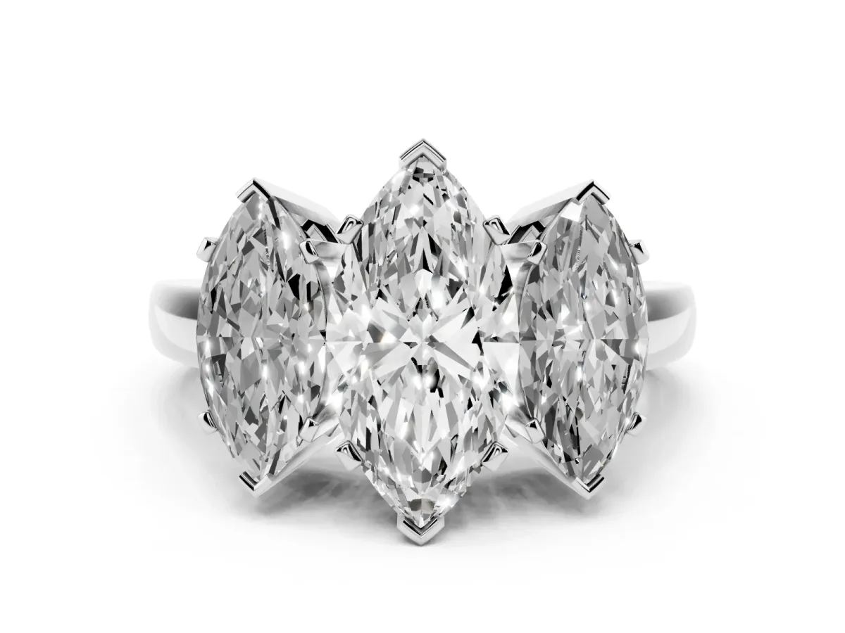 Three-Stone Marquise Cut Cut Diamond Ring with Channel Set Band and Four-Prong Setting Silver