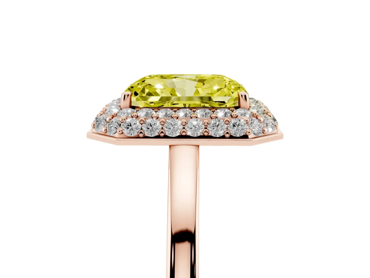 Fancy Yellow Radiant Cut Halo Diamond Engagement Ring with Solitaire Band and Four-Prong Setting Rose gold