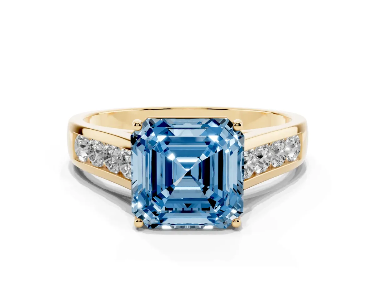 Fancy Blue Asscher Cut Solitaire Channel-Set Diamond Engagement Ring with Four-Prong Setting Yellow gold