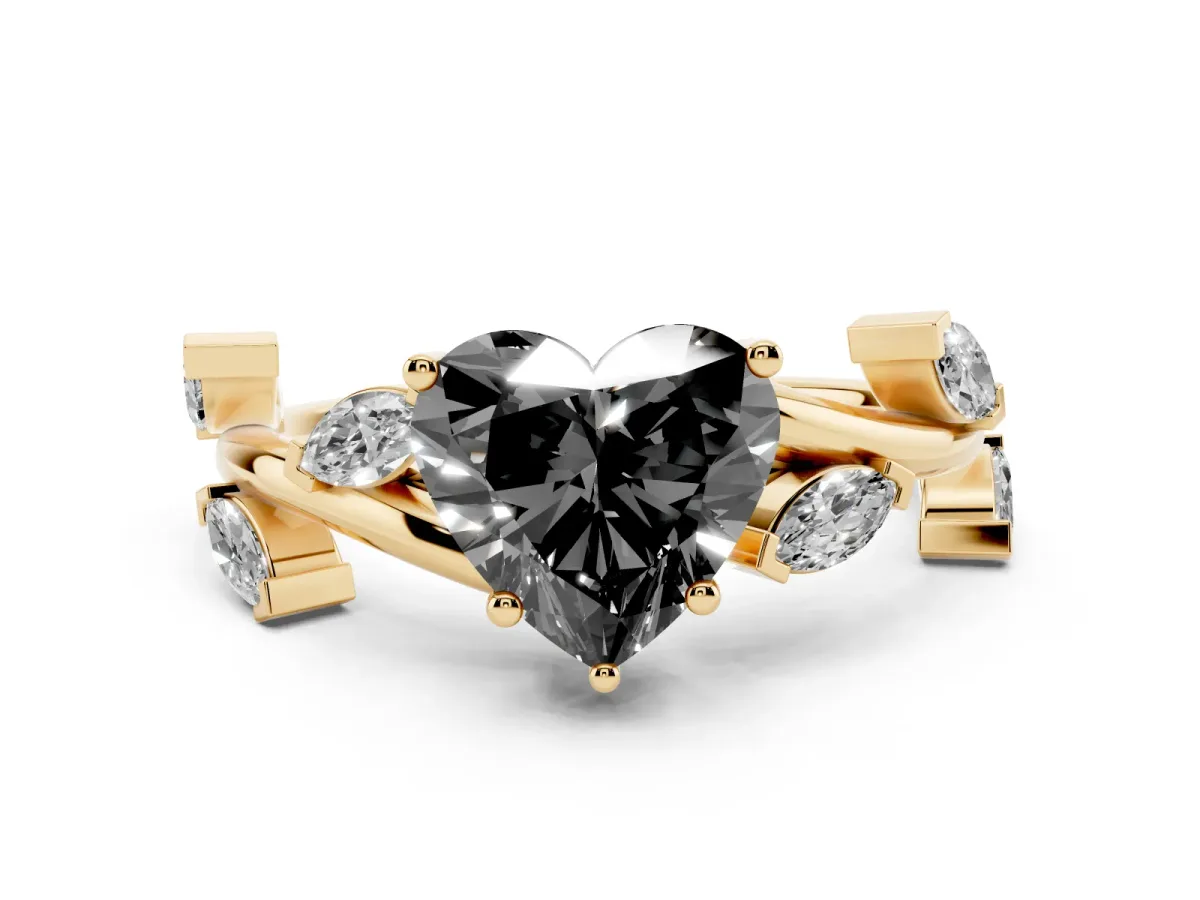 Fancy Black Heart Cut Solitaire Twisted Band Marquise Accent Prong Setting Ring Yellow gold