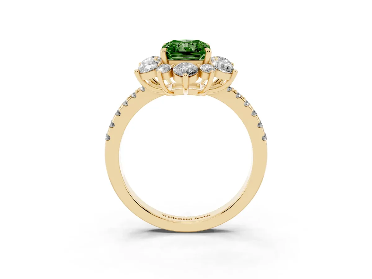 Fancy Green Radiant Cut Diamond Floral Halo Ring with Round Pavé Band and Prong Setting Yellow gold
