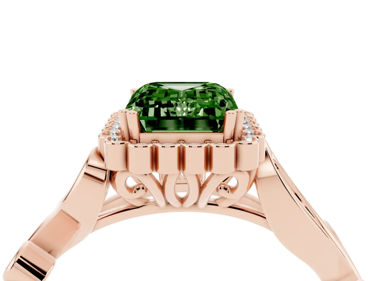 Fancy Green Emerald Cut Diamond Halo Ring with Vintage Split Shank and Four-Prong Setting Rose gold