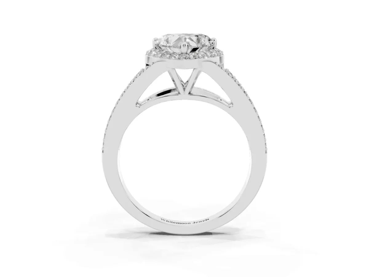 Heart Cut Halo Split Shank Pave Diamond Ring with Four-Prong Setting Silver