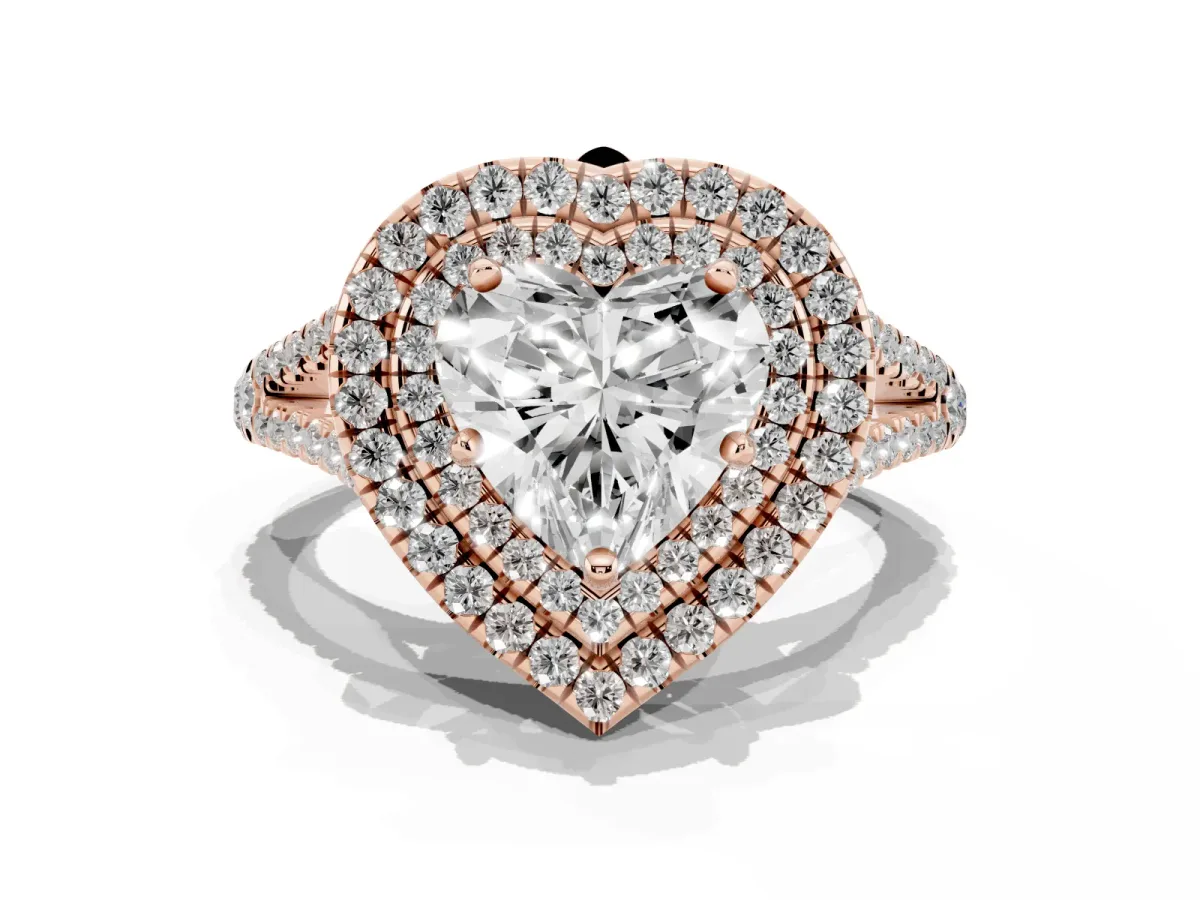 Heart Cut Diamond Double Halo Ring with Pavé Band and Prong Setting Rose gold