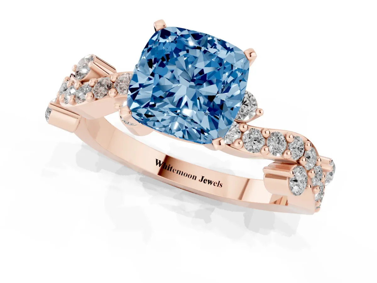 Fancy Blue Cushion Cut Cut Solitaire Diamond Twisted Band with Pave Setting Rose gold