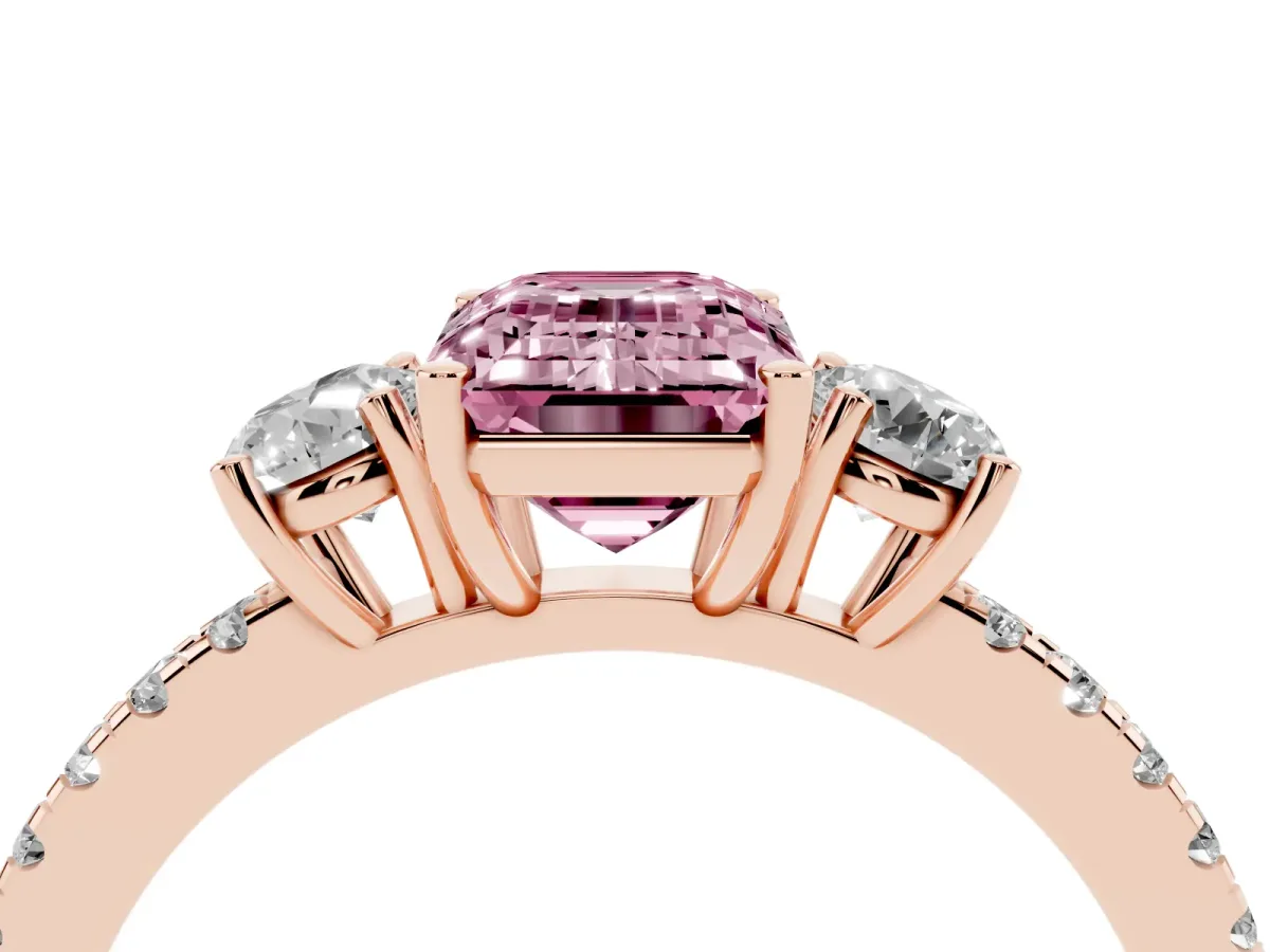 Fancy Pink Three-Stone Emerald Cut Cut Diamond Pavé Band with Prong Setting Rose gold