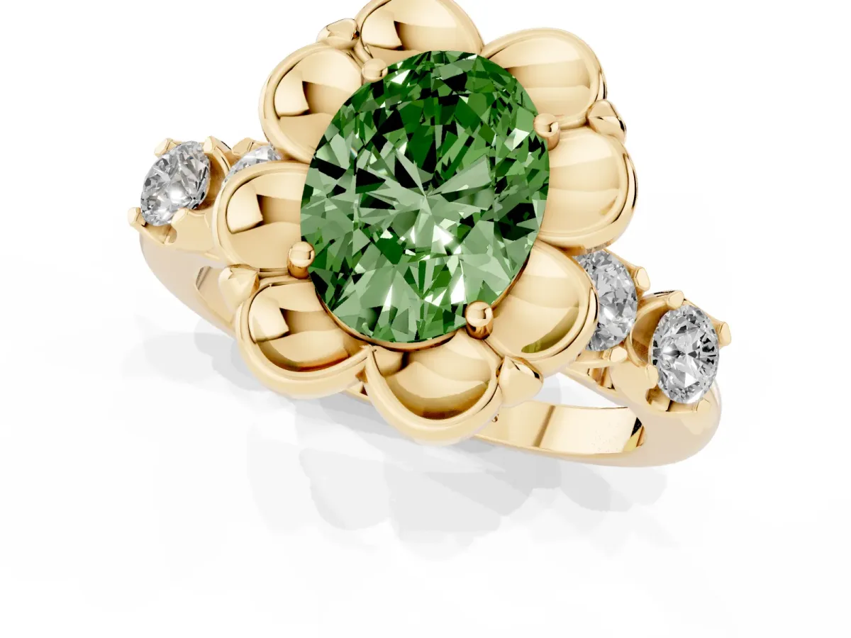 Fancy Green Oval Cut Cut Diamond Floral Halo Engagement Ring with Shared Prong Setting Yellow gold