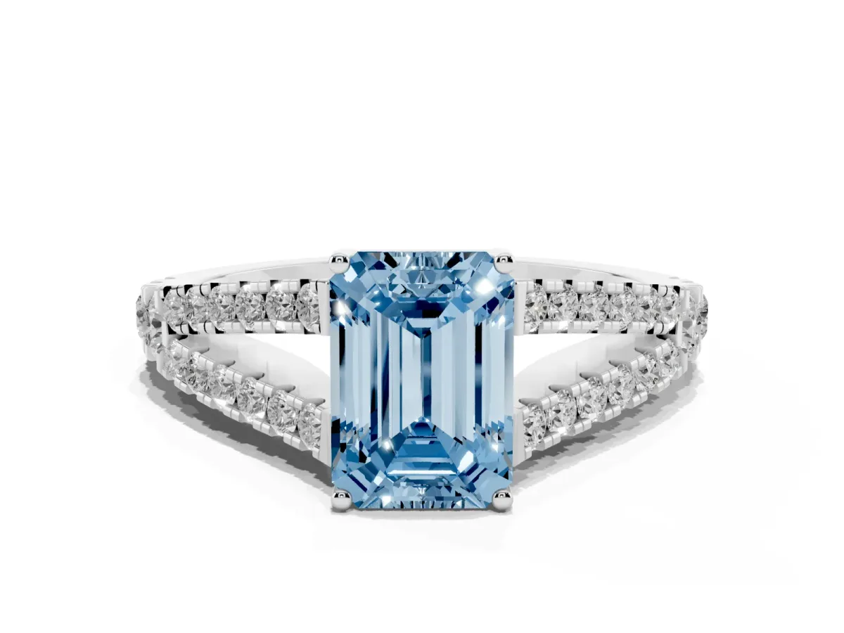 Fancy Blue Emerald Cut Diamond Split Shank Pavé Engagement Ring with Four-Prong Setting Silver