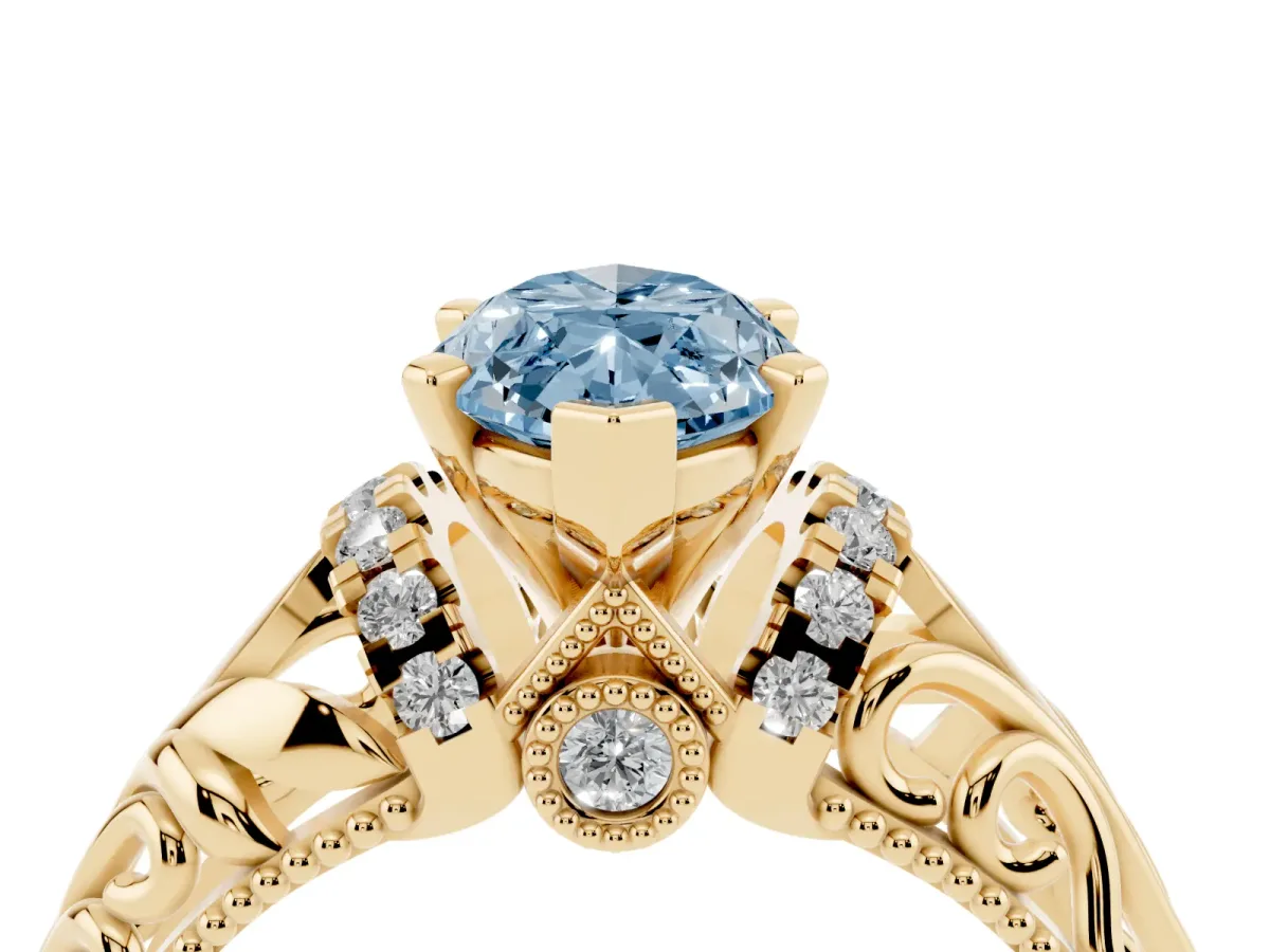 Fancy Blue Marquise Cut Solitaire Filigree Engagement Ring with Halo and Prong Setting Yellow gold